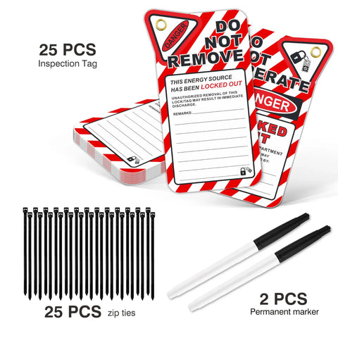 Heavy Duty Lockout Tagout Safety Tags Pack Of Twenty Five With Zip Ties featuring 25 PCS inspection tags, zip ties, and permanent markers.