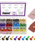 Straight Fire 1000 Piece Assorted Metal Paper Brads Kit In Ten Bold Hues Featuring Eight Millimeter Round and Mushroom Head Fasteners.