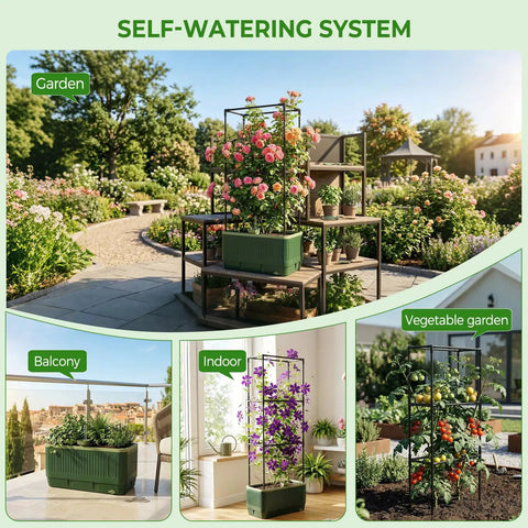 Self Watering Tomato Planter With Trellis And Water Level Indicator in garden, balcony, indoor setups, large rectangular cages