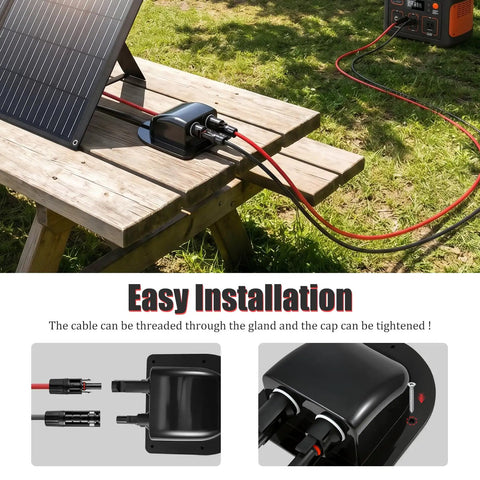Solar Cable Entry Gland With 10ft 10AWG Extension Cable And MC-4 Connectors on picnic table, IP68 Weatherproof Roof Pass Through
