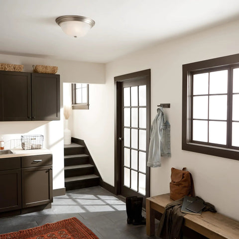Modern kitchen with Three Light Flush Mount Ceiling Light in Brushed Nickel With Clear Satin Etched Glass, 15.25 Inch Wide.