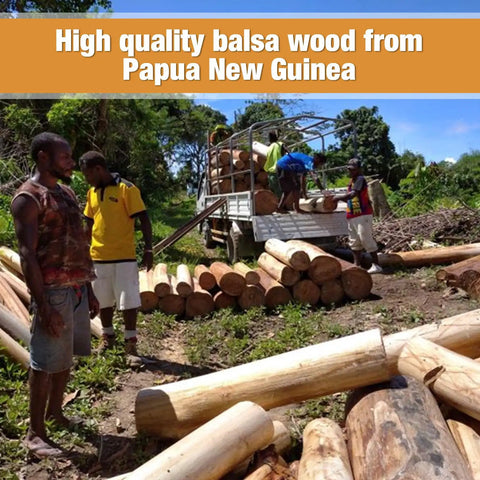 Top Shelf Essentials For 215 Assorted Balsa Wood Sticks And Wooden Dowel Rods One Eighth To Half Inch Round Unfinished Craft Strips For DIY Model Making And Hobby Hustles, men loading balsa wood from Papua New Guinea.