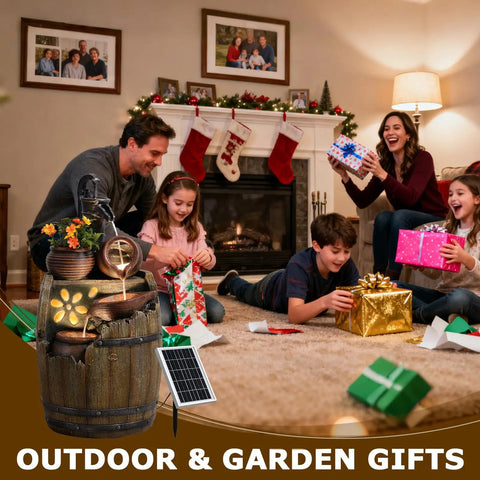 Family exchanging gifts by the fireplace with a Solar Powered Rustic Barrel Water Fountain With LED Lights in the foreground