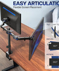 Rock Solid Dual Monitor Desk Mount For 13 To 30 Inch Screens Up To 22 Lbs Each, Heavy Duty Steel Arm With C Clamp Or Grommet, Fully Adjustable Tilt Swivel And Height, VESA 75x75 And 100x100 Compatible, Cable Management, Black STANDV002 in use on a wooden desk, showcasing articulation features.