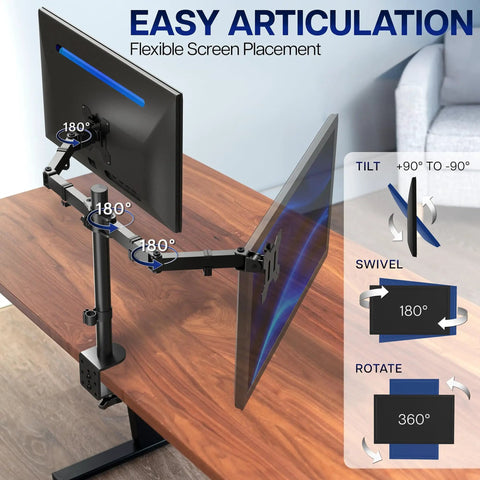 Rock Solid Dual Monitor Desk Mount For 13 To 30 Inch Screens Up To 22 Lbs Each, Heavy Duty Steel Arm With C Clamp Or Grommet, Fully Adjustable Tilt Swivel And Height, VESA 75x75 And 100x100 Compatible, Cable Management, Black STANDV002 in use on a wooden desk, showcasing articulation features.