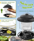 Demonstration of Retractable Outdoor Bird Feeder Set With Metal Hanger No Tools Needed Easy Snap Lock Install Durable Black Finish Weather Resistant Pack Of 2 For Backyard Bird Watching showing assembly and lock features.