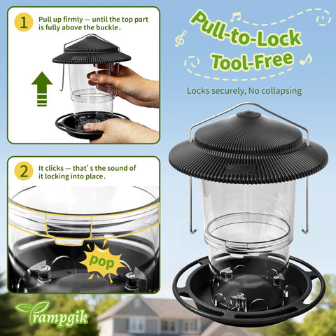 Demonstration of Retractable Outdoor Bird Feeder Set With Metal Hanger No Tools Needed Easy Snap Lock Install Durable Black Finish Weather Resistant Pack Of 2 For Backyard Bird Watching showing assembly and lock features.