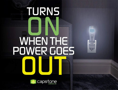 Eco I Lite 4 In 1 Rechargeable Emergency Flashlight Kit plugged into wall, illuminating dark room, text overlay.