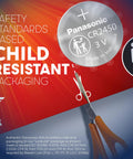 CR2450 3V Lithium Coin Cell Batteries 2 Pack with child-resistant packaging and safety standards information.