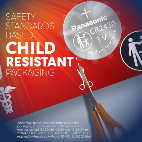 CR2450 3V Lithium Coin Cell Batteries 2 Pack with child-resistant packaging and safety standards information.
