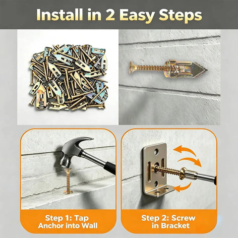 100 Piece Self Drilling Drywall Anchors And Screws Kit With Metal Expansion Bolts Quenched For Heavy Duty Holds And Quick Install In Drywall Gypsum Board Hollow Brick And Lightweight Brick DIY Friendly installation steps with hammer and bracket