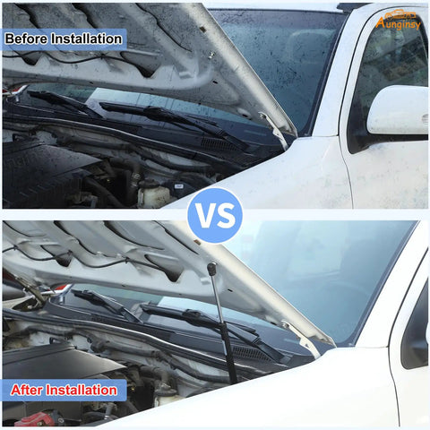 Toyota Tacoma Front Hood Lift Supports Kit 2005 2015 installation before and after comparison showing hood stabilizing shock struts