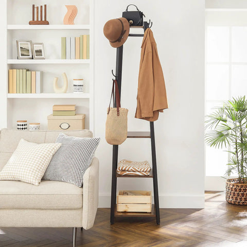 Dope Industrial Coat Rack With Three Shelves And Hooks For Scarves Bags And Umbrellas, Free Standing Hall Tree With Steel Frame