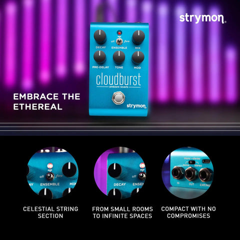 Cloudburst Ambient Reverb Guitar Pedal With Stereo Output Ensemble Switch Decay Mod Controls in blue, front view.