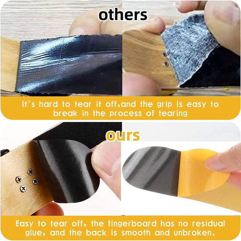 Comparison of fingerboard grip tape, highlighting 10 Pack Fingerboard Grip Tape For Pro Wooden Mini Skateboards with easy peel backing.