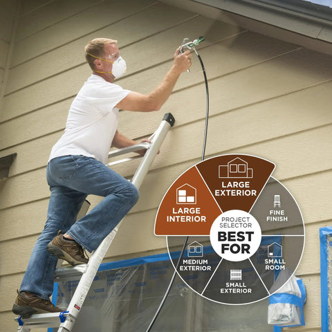 Man using Heavy Duty Mobile Airless Paint And Stain Sprayer Cart on ladder for large exterior painting project.