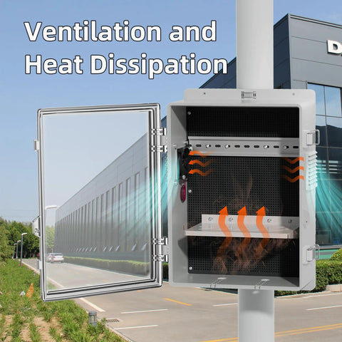 Outdoor Vented Electrical Enclosure Box 16x11x6 With Waterproof Seal showcasing heat dissipation with open door on pole