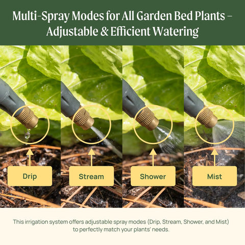 Drip Irrigation Kit For Raised Garden Beds With Super Easy DIY Installation showing multi-spray modes in garden soil