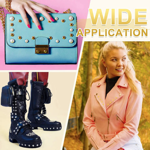 Fashionable pink leather jacket, studded black boots, and a blue riveted handbag showcasing wide application of rivets for DIY projects.