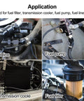 6AN Female To 3 Eighth Inch Barb Hose Fitting With Forty Five Degree Swivel For High Pressure Auto Racing Beefed Up Aluminum 6061 T6 Easy Install 1500 PSI Temperature Range Minus 65 F To 252 F used for fuel line, fuel pump, and transmission cooler