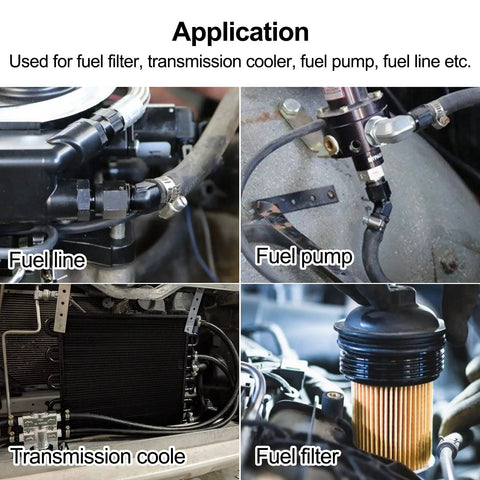 6AN Female To 3 Eighth Inch Barb Hose Fitting With Forty Five Degree Swivel For High Pressure Auto Racing Beefed Up Aluminum 6061 T6 Easy Install 1500 PSI Temperature Range Minus 65 F To 252 F used for fuel line, fuel pump, and transmission cooler