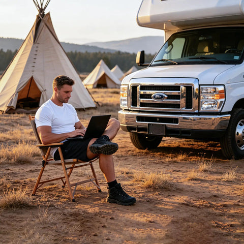Man using a laptop in a folding chair next to a camper van, surrounded by tents while camping.