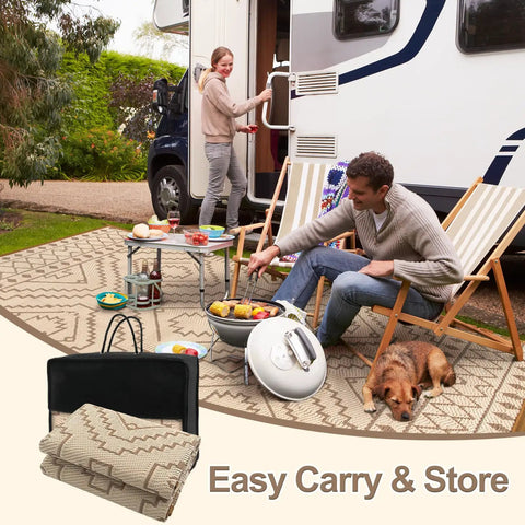 Outdoor Waterproof Plastic Straw Rug 8x10 for RV Camping, showing beige and brown reversible design with people relaxing on it.