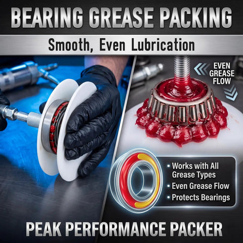 Wheel Bearing Grease Packer Tool For Fast Mess Free Lubrication of Car Truck Trailer ATV and Mower Bearings in use.
