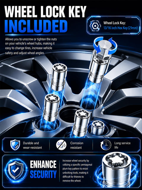 Heavy Duty Anti Theft Wheel Lock Lug Nuts M14x1.5 with wheel lock key and durable design for Chevy Tahoe Silverado and GMC trucks.