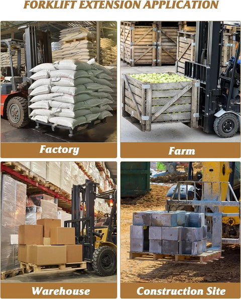 Forklift pallet extensions, 96-inch length, 5.3-inch width; 5500 lb capacity, heavy-duty pair used in factory, farm, warehouse, construction site