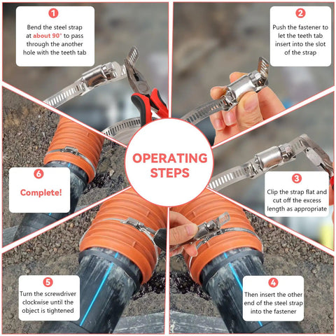 DIY Cut To Fit 304 Stainless Steel Worm Gear Hose Clamps Kit installation steps with strap and fastener on pipes