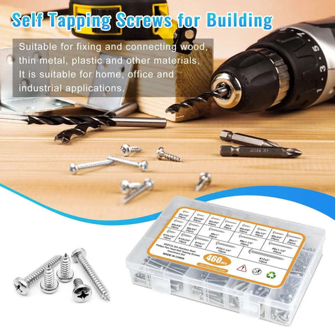 460Pcs Stainless Steel Wood Screws Kit With 18 Sizes Self Tapping Pan Head Screws for Wood Deck Drywall Concrete, box labeled with sizes
