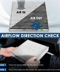 Top Notch Activated Carbon Cabin Air Filter Replacement For CF11643 Fits Audi A3 Q3 S3 TT Quattro And VW Atlas Golf GTI Jetta Tiguan 1 Pack With Three Layer Filtration And 99 Percent Air Purification For Odor Control - airflow direction check and installation steps visible