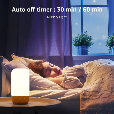 Wood Grain LED Table Lamp With Touch Dimmer For Bedside Auto Off Timer 350 Lm Soft Warm White Lamp on nightstand, bedroom scene