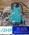 Heavy Duty Half Horsepower Submersible Sump Pump With Float Switch Drains Up To 2411GPH At 3ft Lift 16ft Vertical Passes