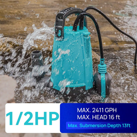 Heavy Duty Half Horsepower Submersible Sump Pump With Float Switch Drains Up To 2411GPH At 3ft Lift 16ft Vertical Passes