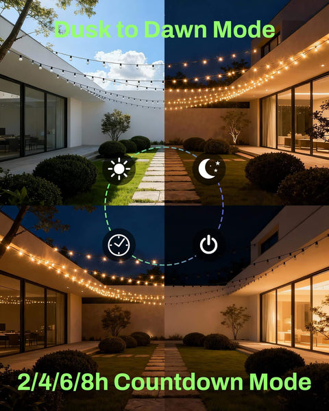 Outdoor patio with string lights controlled by No Fuss Outdoor Light Timer With 3 Grounded Outlets Waterproof Dusk To Dawn Controller