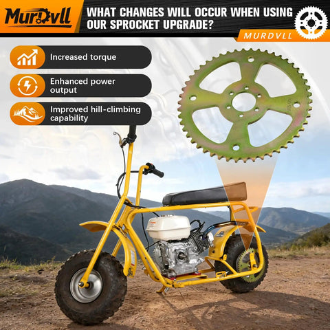 50T Rear Chain Sprocket for 420 Chain on yellow mini bike in mountainous terrain with key benefits highlighted