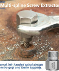 49 Piece Bolt And Screw Extractor Set with multi-spline remover on rusted bolt, left hand spiral design for grip