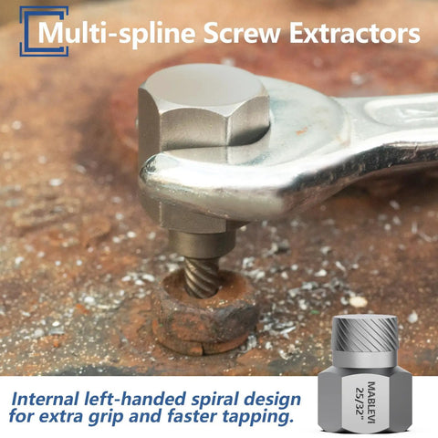 49 Piece Bolt And Screw Extractor Set with multi-spline remover on rusted bolt, left hand spiral design for grip
