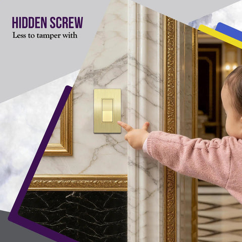Child pointing to Elite Decorator Light Switch With Sleek Brushed Screwless Wall Plate, Single Pole 3 Wire, Grounding Screw, Residential Grade 15A 120V UL Listed Brush Gold Finish Wall Plate Included on elegant wall.