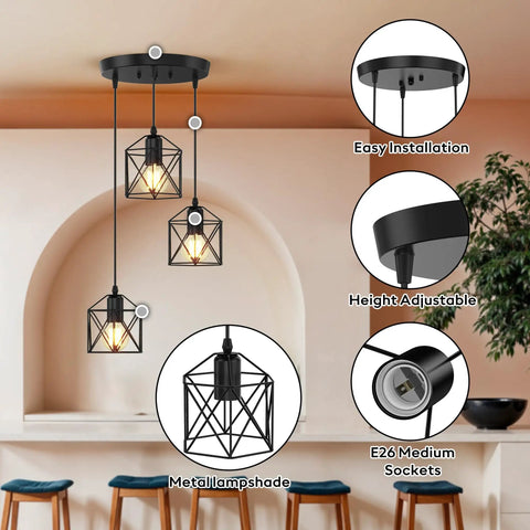 Slick Farmhouse Three Light Pendant With Adjustable Drop Cords Matte Black Hanging Ceiling Lamp in modern kitchen setting.