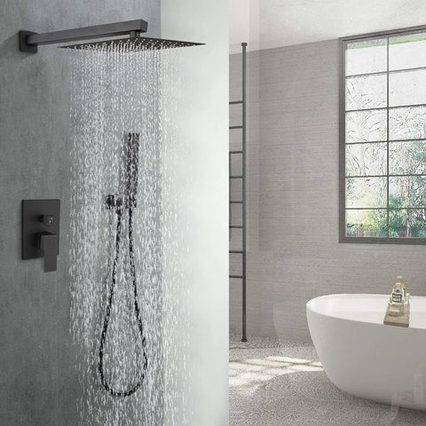 Matte Black Shower Faucet Set With 10 Inch Rain Shower Head, Wall Mounted Luxury Shower System With Pressure Balance Rough In Valve