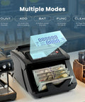 Pro Grade High Speed Money Counter Machine With UV MG IR DD Detection showing multiple modes and counting bills on counter