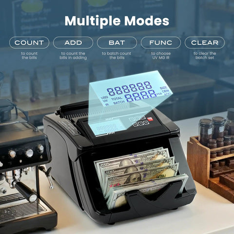 Pro Grade High Speed Money Counter Machine With UV MG IR DD Detection showing multiple modes and counting bills on counter