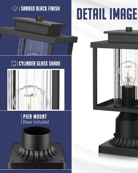Sleek Outdoor Post Light Set 2 Pack With 1 Light Each Exterior Lantern On Pier Mount Base Black Finish Cylinder Glass