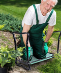 Thick Padded Garden Kneeler And Seat Bench For Easy Weeding shown in use, supporting knees and back, green pad, foldable design