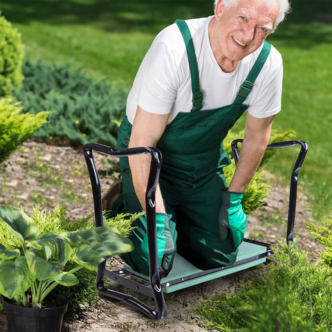 Thick Padded Garden Kneeler And Seat Bench For Easy Weeding shown in use, supporting knees and back, green pad, foldable design