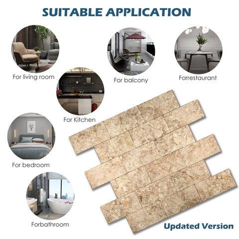 Peel And Stick Backsplash Tile 12x12 Real Stone Texture With Specular Reflective Finish shown in various room applications