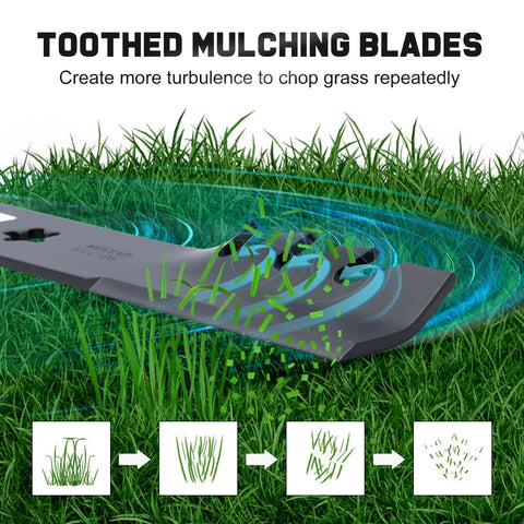 Illustration of tooted mulching blades cutting grass showing airflow, labeled 'Create more turbulence to chop grass repeatedly'.